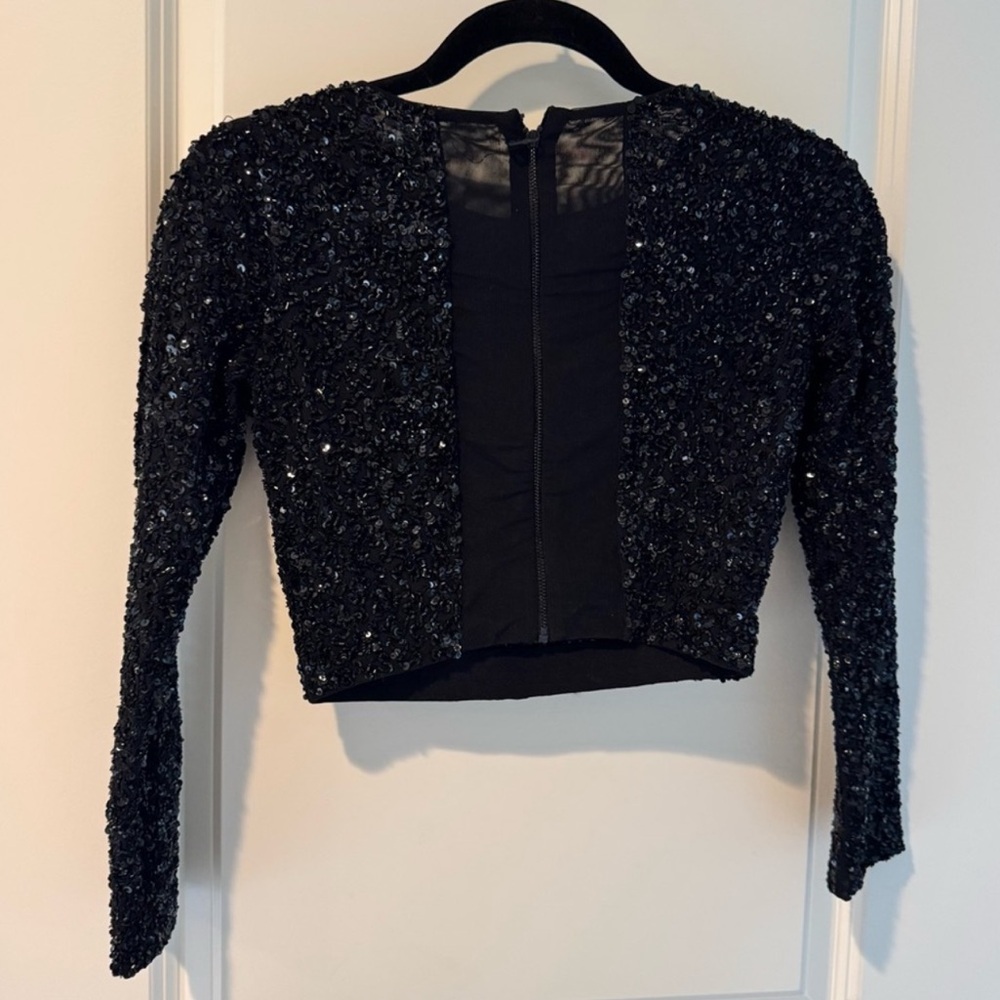 Alice + Olivia Lacey Black Beaded Cropped Sequin Top Sz 0 - Picture 5 of 8